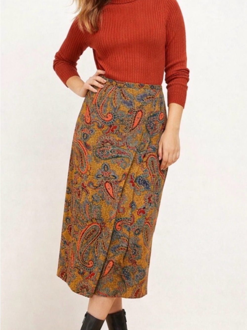 Karen Scott Vintage Paisley Midi Skirt in Mustard and Rust size medium